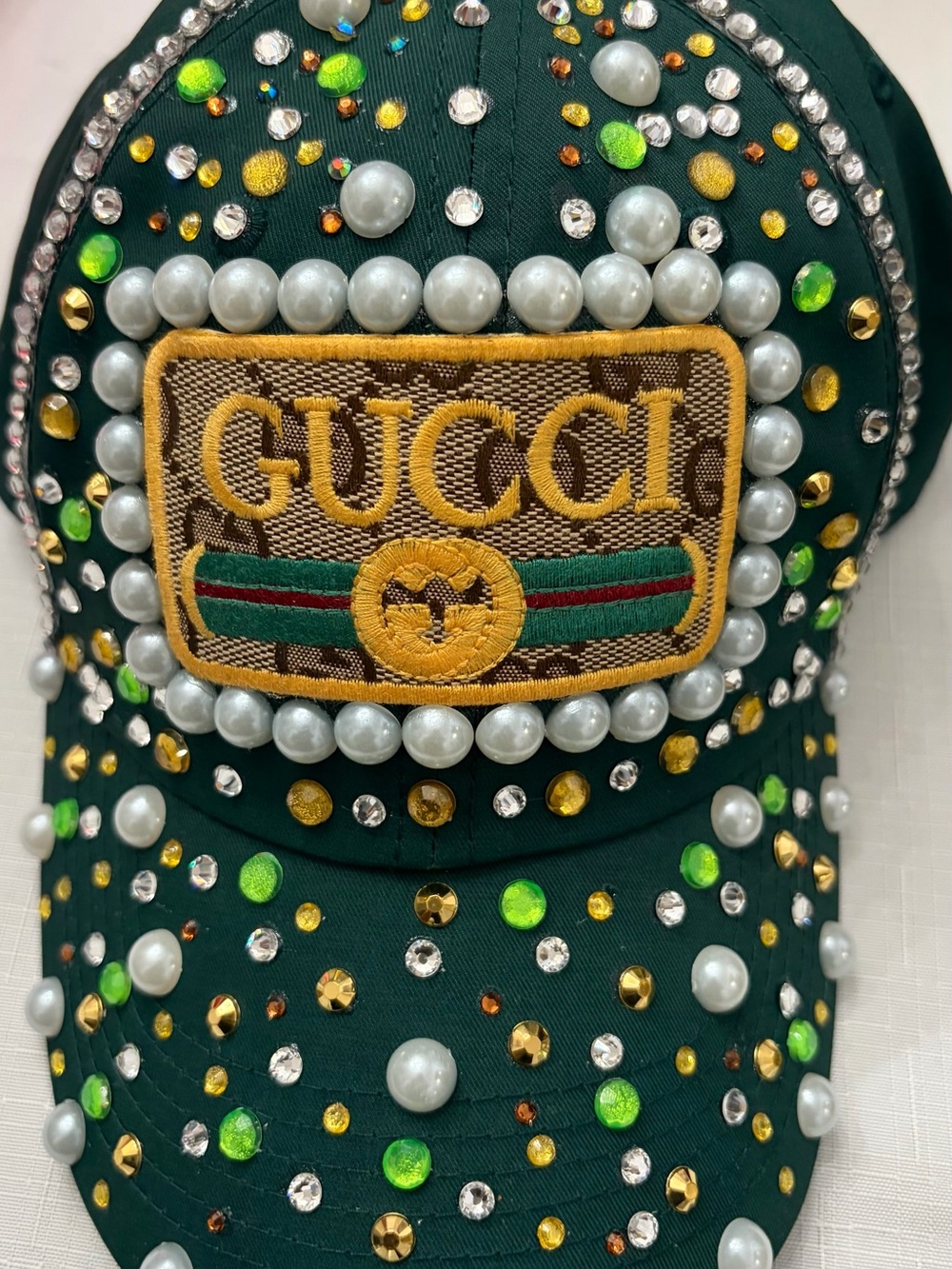 Gucci Green Crystal & Pearl Embellished Logo Cap